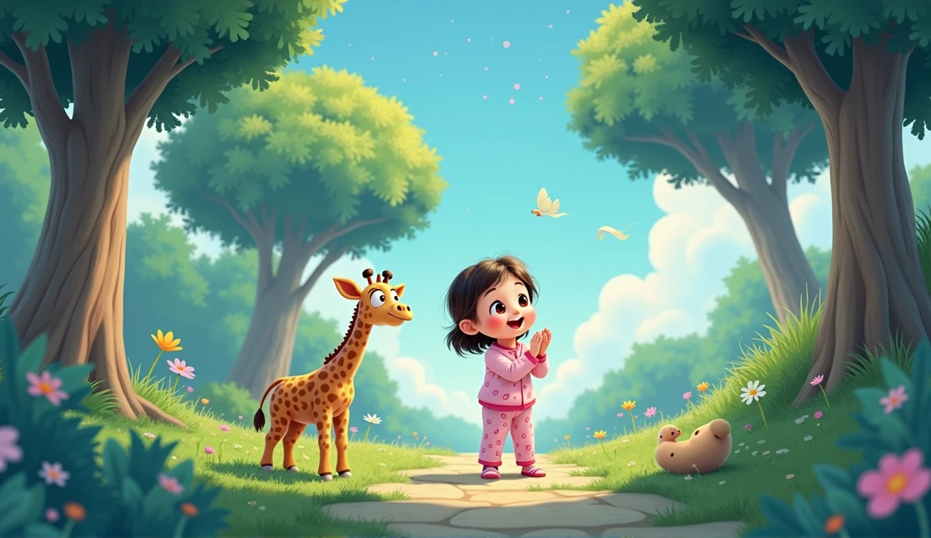 A little cartoon girl in pink pajamas is clapping and looking up, There's a plush giraffe standing nearby