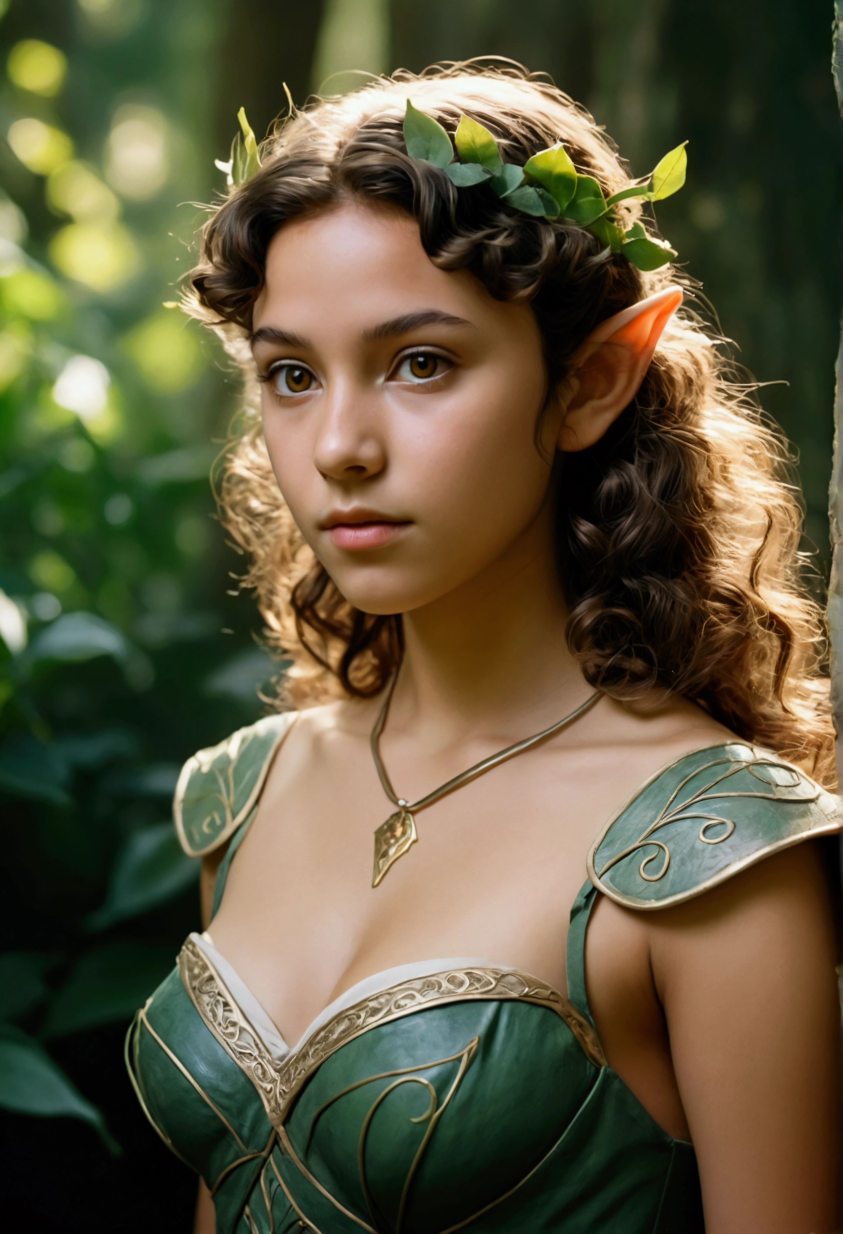 analog film photo, photo of a young elven girl, 18 years old, elf ears, amber eyes, curly brunette bob cut, tan complexion, Amazonian stature, voluptuous hourglass figure, busty bosom, narrow waist, full hips, big plump buttocks, wearing a strapless sun dress, strolling through a fantasy landscape, RAW Photograph, dslr, soft lighting, high quality, film grain, Fujifilm XT3, detailed skin with visible pores, insane details, masterpiece, 8k, 35mm photograph, dslr, kodachrome, faded film, desaturated, grainy, vintage, Lomography, stained, highly detailed, found footage, close-up shot, elven ears