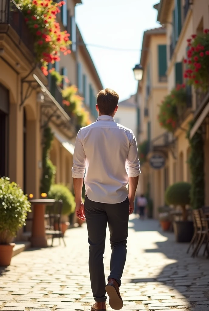 Image of a young man walking down the streets of France with his back to the camera. 