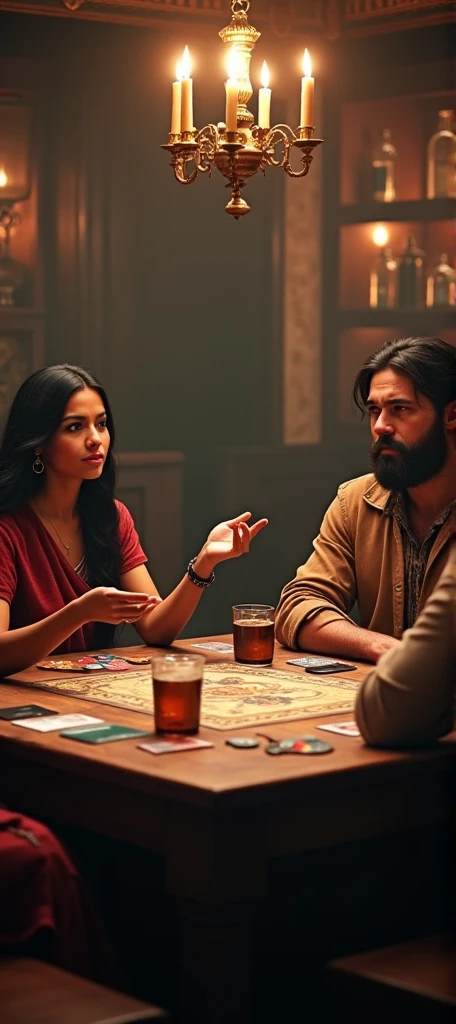Top view,Indian woman with long black hair, Indian woman with black hair in a bun, Man with black hair and beard, Black haired man with no beard. Four people are sitting at a comfortable tavern table playing a role-playing game, (Woman on the left invites you to join the game,Left hand extended towards the camera:1.2),Board Game Cover Art, , Card game poster, Roleplaying Art, Fantasy card game art, epic Fantasy card game art, Cinema-grade quality, Warm atmosphere