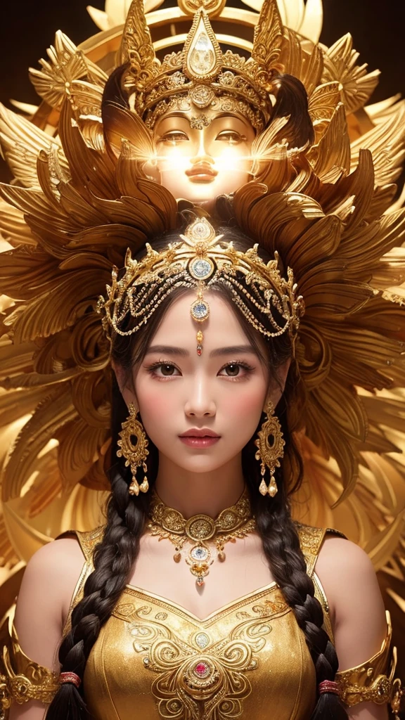 Depict a majestic goddess statue. The goddess is adorned in golden ornaments and is holding divine light in her hands. Her face looks like asian. She gazes directly at the camera. Her expression is serene and full of compassion, with intricate jewels and decorations scattered throughout her hair and garments. The background is surrounded by mystical circular patterns and a halo of light, creating an overall atmosphere of mystique and sanctity.