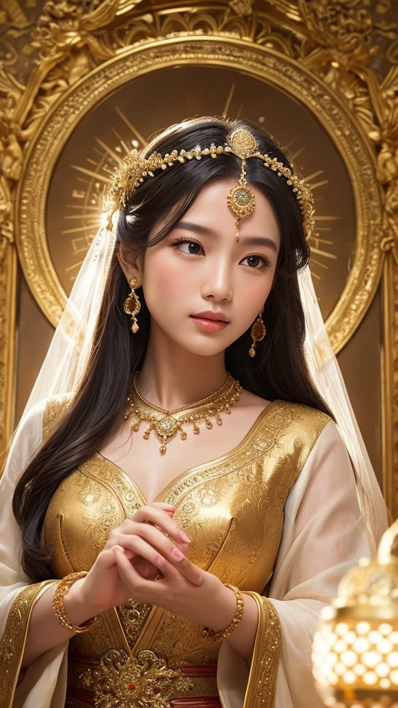 Depict a majestic goddess statue. The goddess is adorned in golden ornaments and is holding divine light in her hands. Her expression is serene and full of compassion, with intricate jewels and decorations scattered throughout her hair and garments. Her eyes are not closed. The background is surrounded by mystical circular patterns and a halo of light, creating an overall atmosphere of mystique and sanctity.