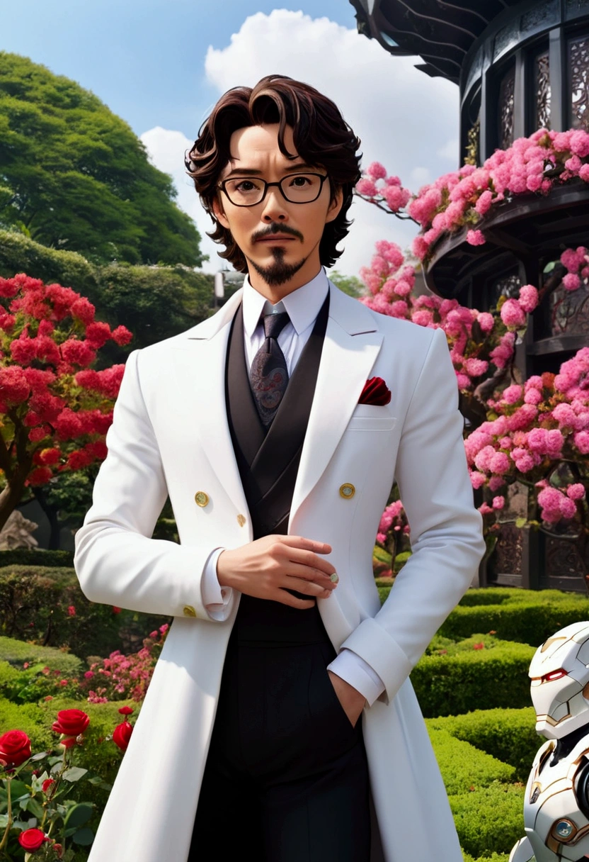 Cute clay model style，in rose garden，Young dark-haired prince wearing glasses，Wear a white suit；and elegant and beautiful，Long black wavy hair、The princess with bangs，Long-sleeved white shirt with collar，The lower body is a white long skirt，They hold hands happily。There is a group of guests behind：Iron Man，Doctor Strange，With the original Gundam。panoramic