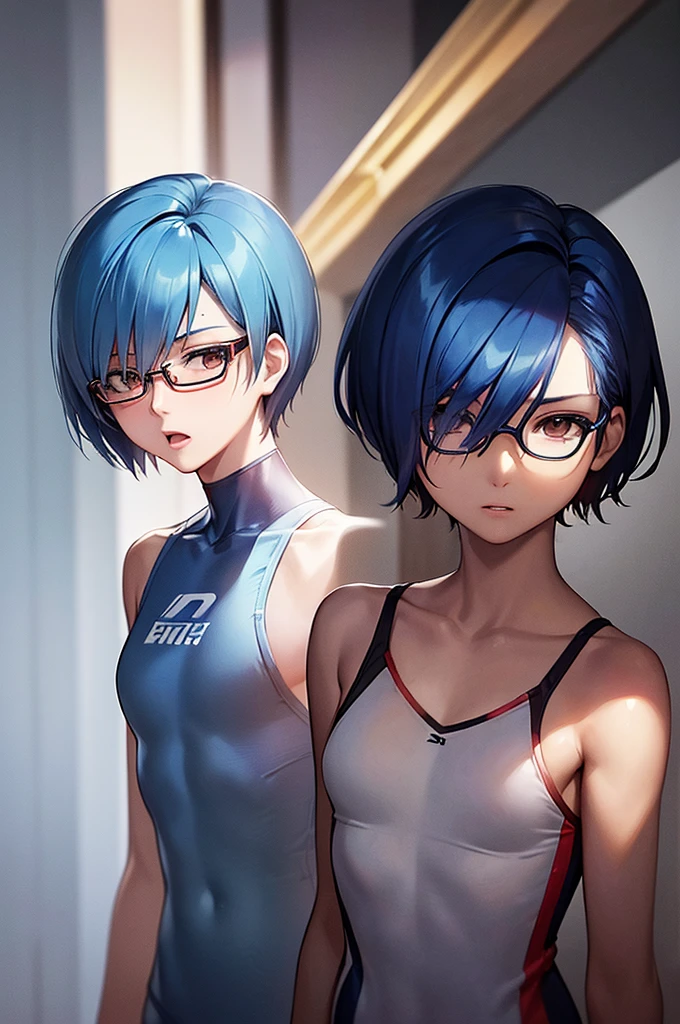 masterpiece, best quality,anime style, 1 girl,(((slender body))), (((small eyes,glasses))),(((athlete suit))), (beautiful face), (((short hair))), (((straight hair))), ((((blue hair)))),detailed beautiful skin, (perfect hands, perfect anatomy),scream