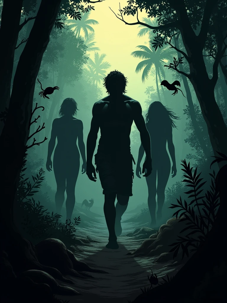 couverture d’un livre qui propose des ensembles de nouvelles horrifiques sur les mythes et légendes antillaises  avec des etres humaines et cacher sur l’image dans l’ombre des animaux comme un scolopendre une mangouste un raccon  un iguane un maboya un crabe