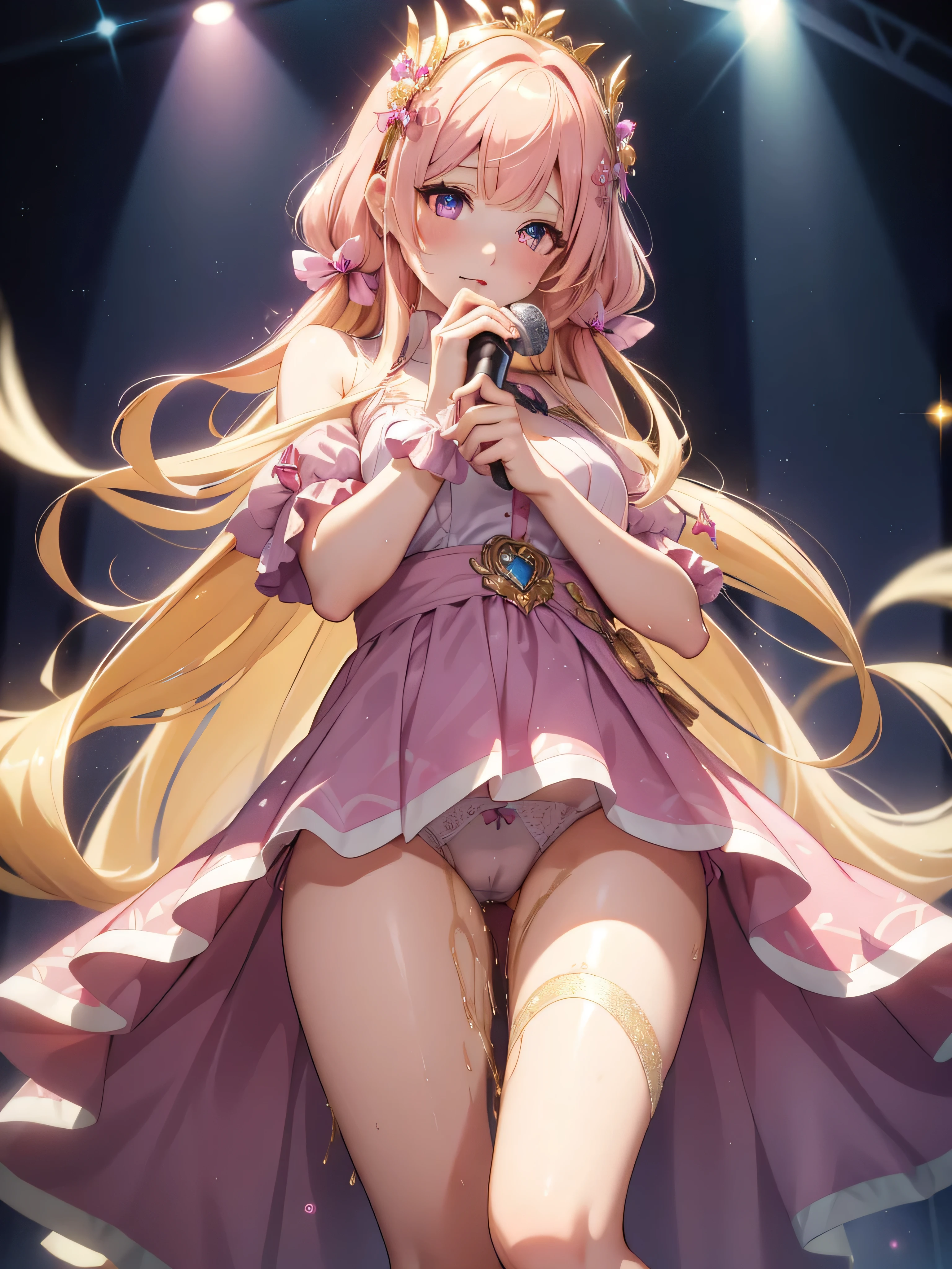 masutepiece, High resolution, 8k, anime woman, Delicate and detailed writing 、Detailed digital illustration、Very long hair and shiny、bangs、a very beautiful woman、Eyes are double, Large, Bust is D cup、High image quality, High quality、Detailed background、(((Wearing idol clothes, panties, pee stains, peeing self:1.5, pee, urination, incontinence, pee leak, pee like a baby, wet yourself little girl)))、((glittering live stage backdrop))、The inside of the eye shines like a diamond、Light pink hair、Gradient pupil、(((2 arms、4 fingers, 1 thumb)))、Detailed female face、Very beautiful and cute woman、、Detailed background、​masterpiece、Soft Focus , Bright gradient watercolor , Lens Flare , (((glitter))) , Glow , Dreamy , Holding a microphone in hand、a miniskirt、Nothing at hand、idol、Pink ribbon、Very beautiful golden hair accessories、