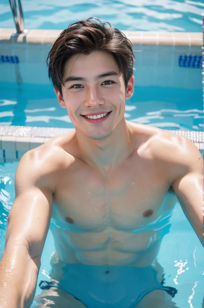 Create a photo of a white Asian boy, smile, Athlete-looking man with blue eyes in a swimming pool