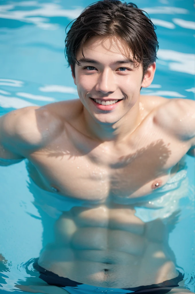 Create a photo of a white Asian boy, smile, Athlete-looking man with blue eyes in a swimming pool