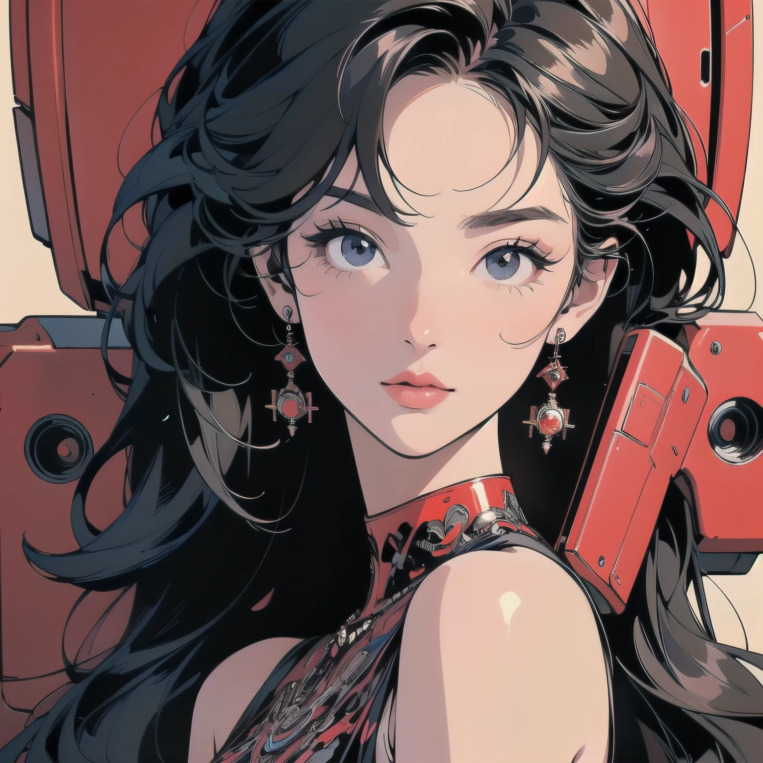 (((masterpiece, Highest quality)))、(((32K Wallpapers)))、The most detailed machine、(((The most complete and detailed red futuristic machine and a woman)))、The most detailed background、(((Flat Chest)))、(((Surrounded by many complex, sophisticated, futuristic machines)))、head shot,((((more various angle))))、((Overall colorfully))、A perfect machine、(((Perfect Face)))、(((The most complete machine of the future)))、Detailed Hair、トライガン