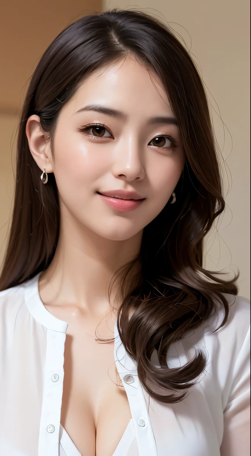 masutepiece, Best Quality, Illustration, Ultra-detailed, finely detail, hight resolution, 8K Wallpaper, Perfect dynamic composition, Beautiful detailed eyes, doress,Medium Hair, mid-chest, Natural Color Lip, Random and sexy poses,Smile,businesswoman、Suits、business sui、White shirt、