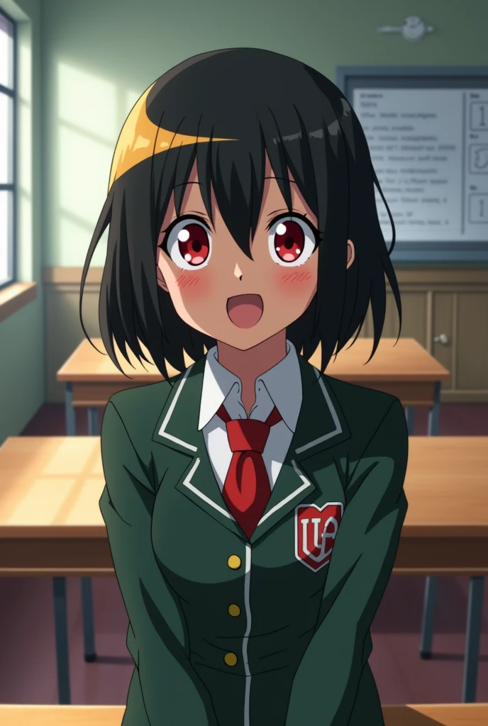 Screenshot from My Hero Academia
Girl with medium length black hair, with bangs and a blonde streak in her bangs, dark skin and pointed ears. They have bright red eyes and a cheerful expression., wears the UA uniform and has a UA classroom in the background