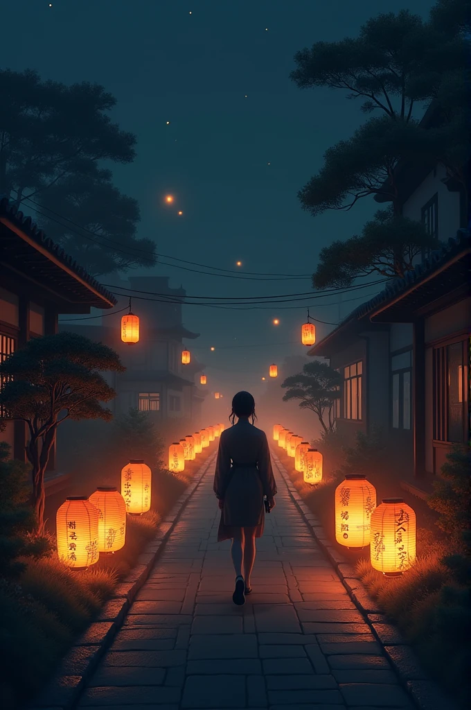 A person taking a night walk around lanterns