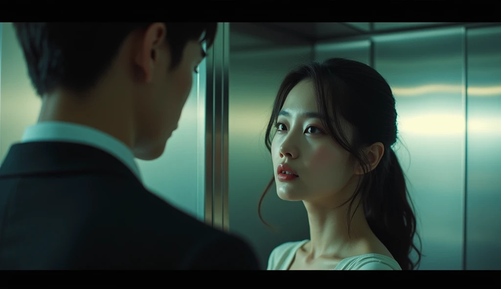 behind a man's shoulder, beautiful Korean woman looking at man, in elevator, daylight, cinema style, real photo, cool light, 