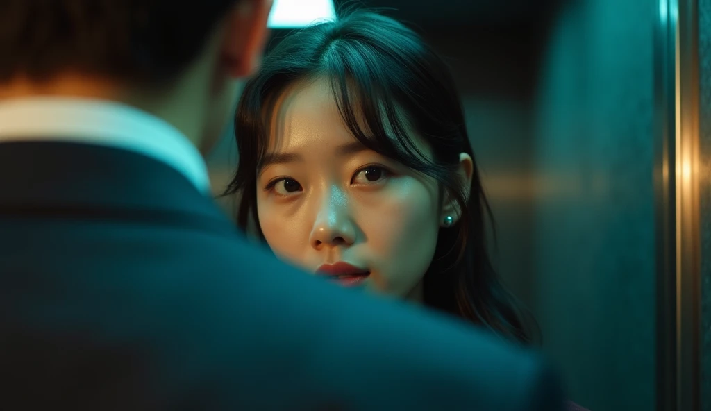 behind a man's shoulder, beautiful Korean woman looking at man, in elevator, daylight, cinema style, real photo, cool light, 