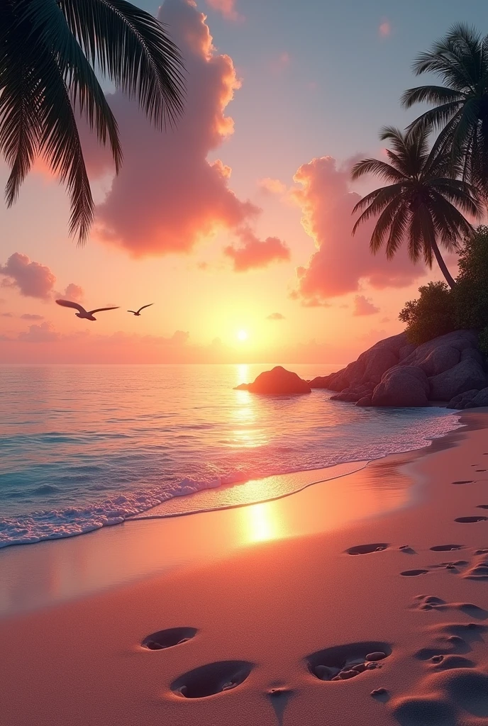 A serene sunset at a tropical beach, with a golden sun dipping below the horizon, casting orange and pink hues across the sky. The calm ocean reflects the colors, with gentle waves lapping against the shore. Silhouettes of palm trees sway in the breeze, and a few seagulls are flying in the distance. The sandy beach is dotted with small seashells and footprints