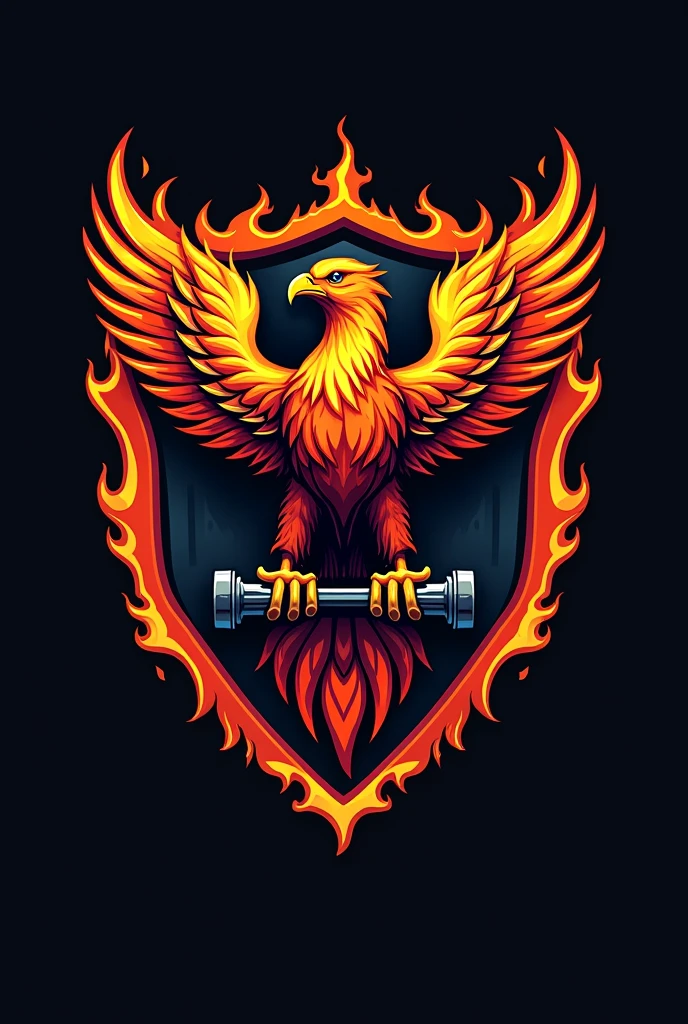 Logo of a phoenix holding pistons in its legs and on a shield with fire