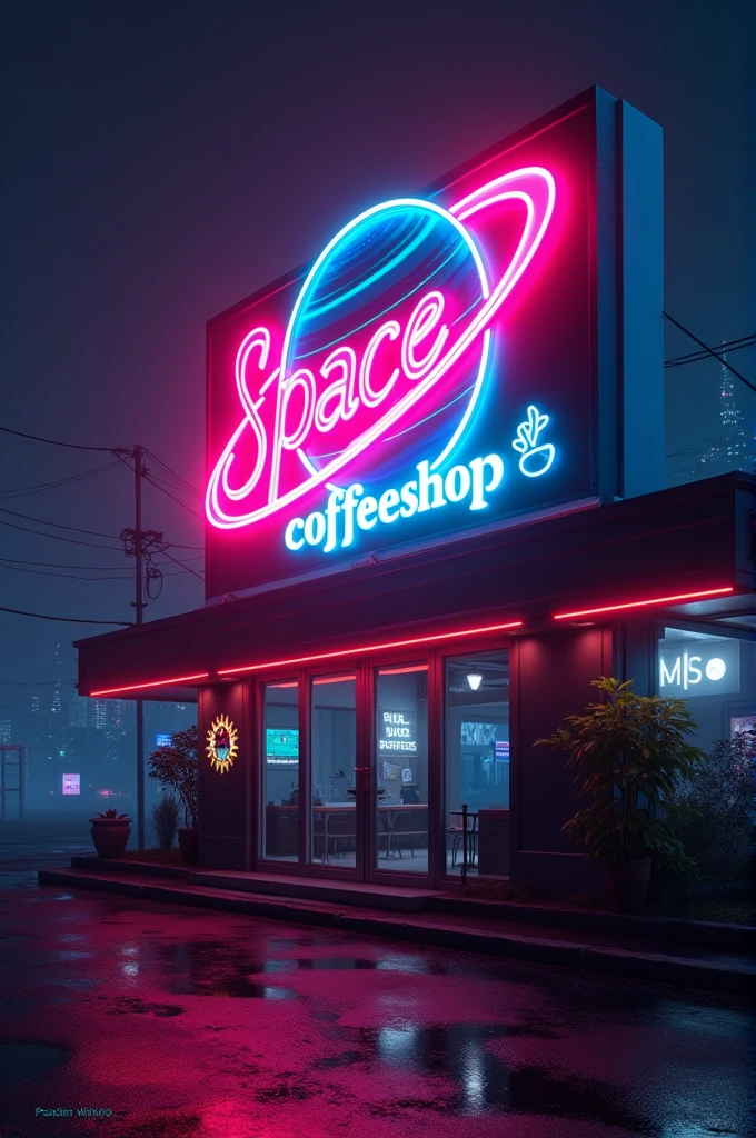 Has a Retrowave sign with a Saturn with neon lights that says: Space coffeeshop.