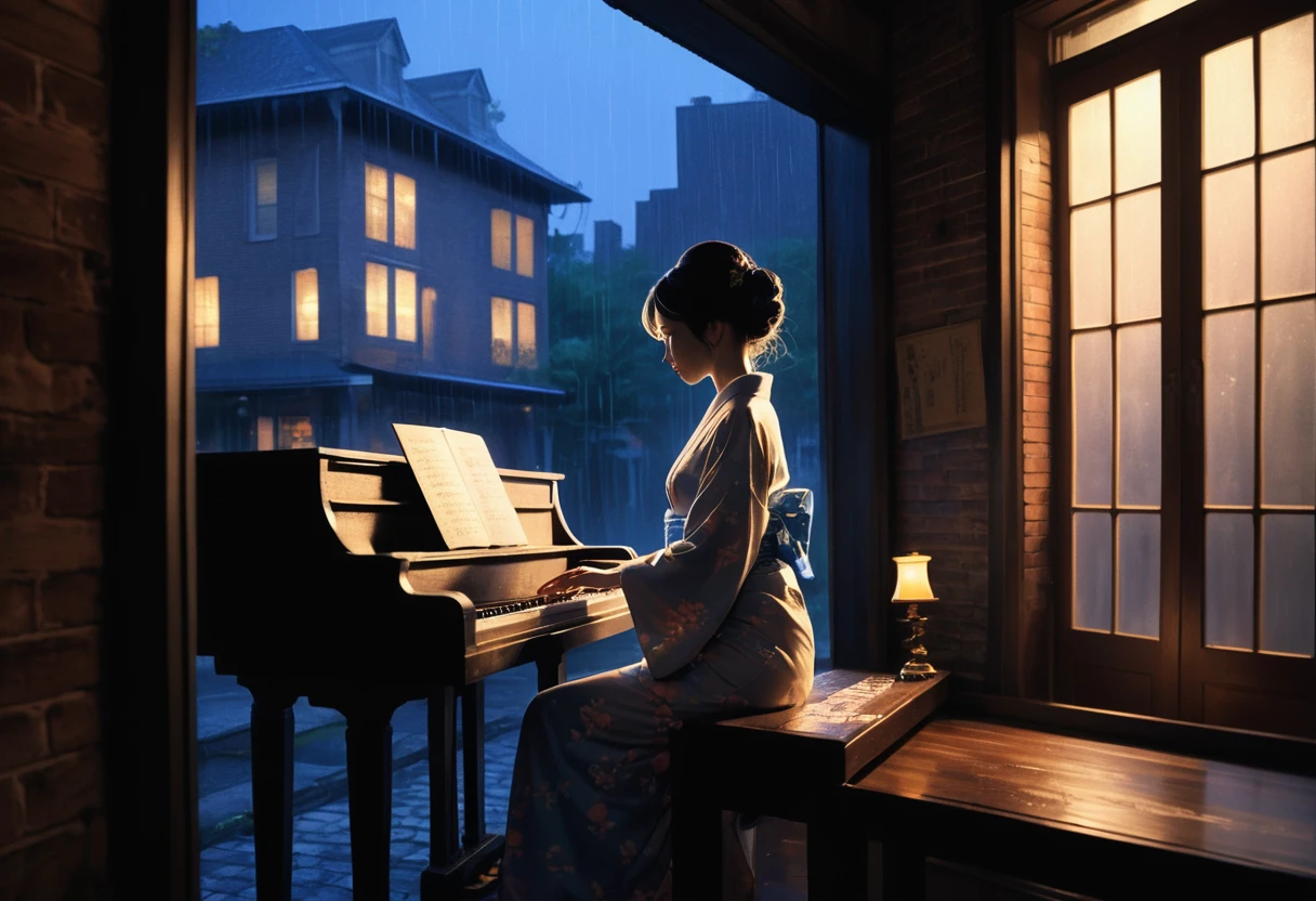 Taisho Romance America Silhouette of a woman in a kimono playing piano in a ビンテージ jazz bar in New Orleans rain outside rain see the rain from window Painting on a brick wall The wall is lit by blue gas lamps.. Vintage dimly lit jazz bar Shadow play Whiskey bottles