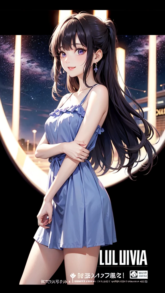 Blue long hair high school girl,Purple eyes, Blue Dress,smile,Live Announcement Poster,Poster with logo"Lumina Live"