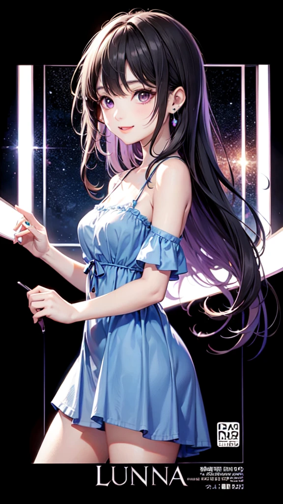 Blue long hair high school girl,Purple eyes, smile,Blue Dress,Live Announcement Poster,Poster with logo"Lumina Live"