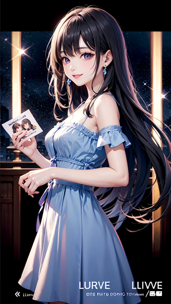 Blue long hair high school girl,Purple eyes, Blue Dress,smile,Live Announcement Poster,Poster with logo"Lumina Live"