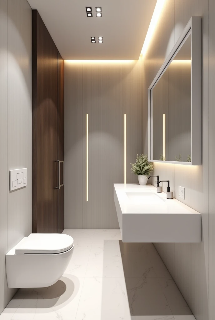 Design me a small executive powder room with a white color scheme, gray and coffee wood. First comes the sink and to its left, the toilet..  With a design featuring pws wall panels with linear LED lights in the sink.