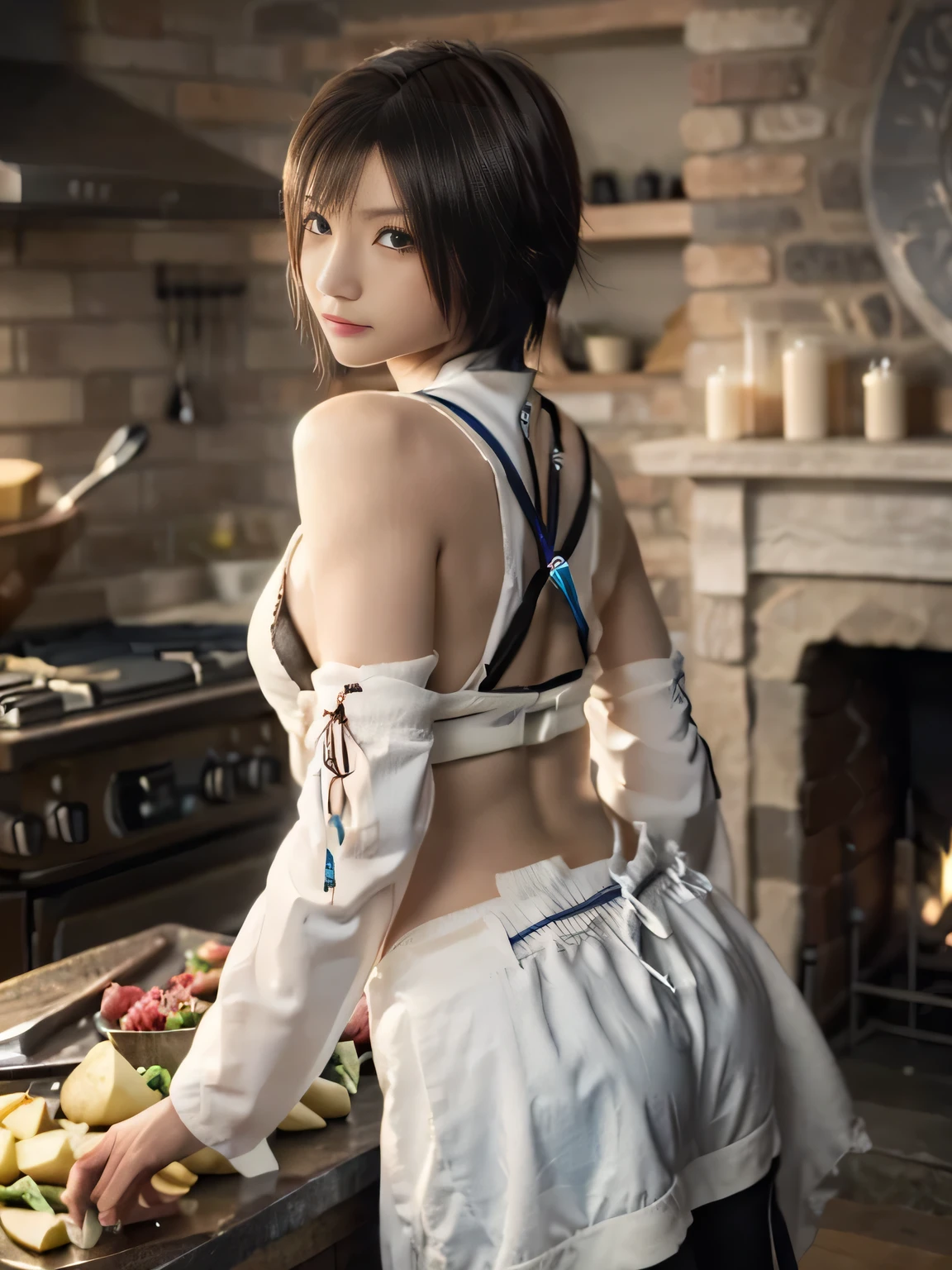 20 year old Japanese beauty,One person、Muscular body like a bodybuilder、Emphasize the breasts、Slit eyes、A head-to-toe view,Bust is very very large、The background is a medieval European kitchen、High quality photos、Clear, crisp images of the lower body、Masterpiece 8k、Ecstatic face、Peeling potatoes by the stove.、From the side, from behind, the same color々from what camera angle to shoot、FF10 Yuna's outfit