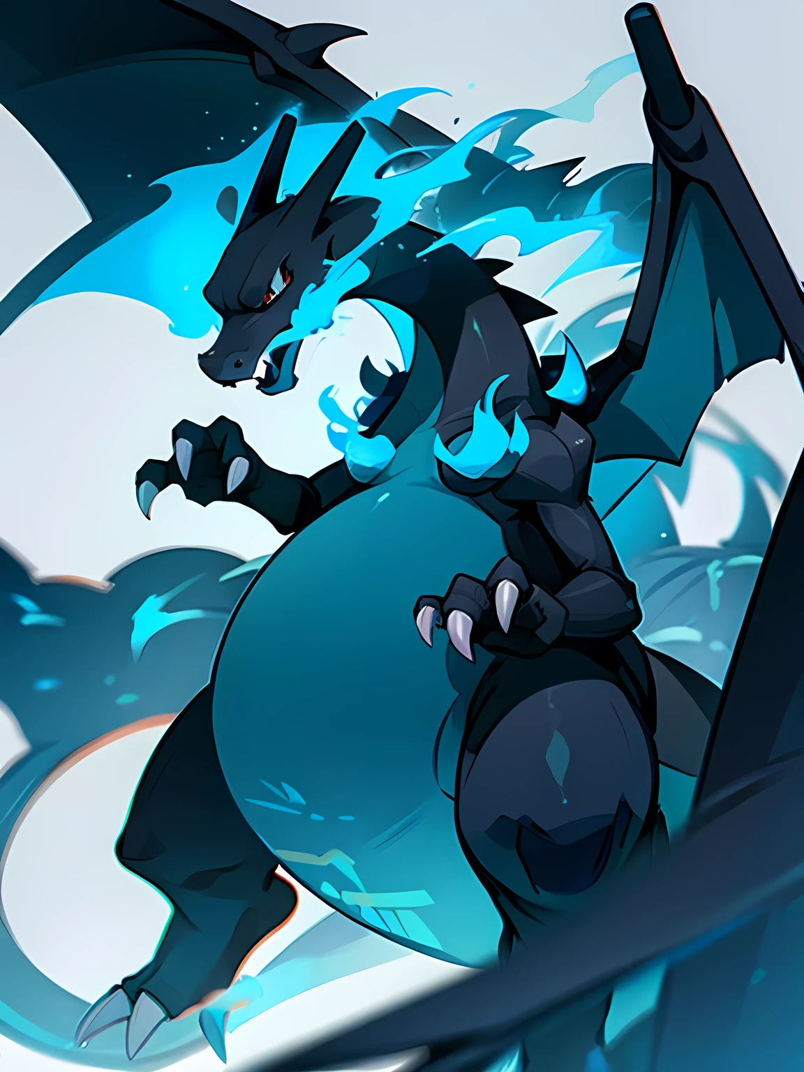 black Charizard, blue fire,no humans,white simple background,