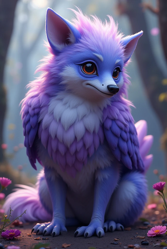 Furry bird chimera with purple dog