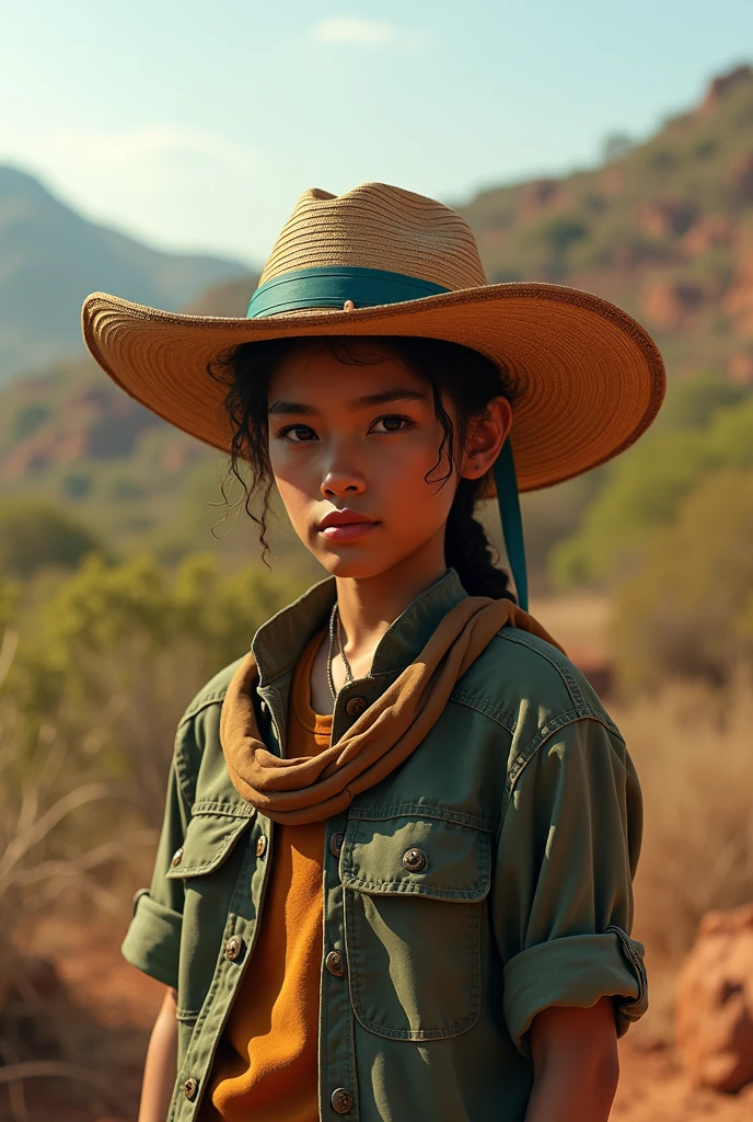 Create a young person with the characteristics of a citizen of Ceará. He wears a cangaceiro hat and is in the middle of the sertão programming on his computer