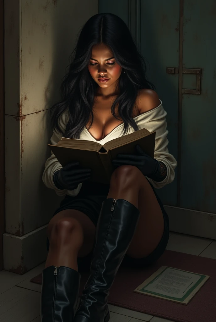 1girl, solo, black_hair, closed_eyes, sitting, long_hair, breasts, boots, thighhighs, book, dark-skinned_female, realistic, dark_skin, gloves, medium_breasts