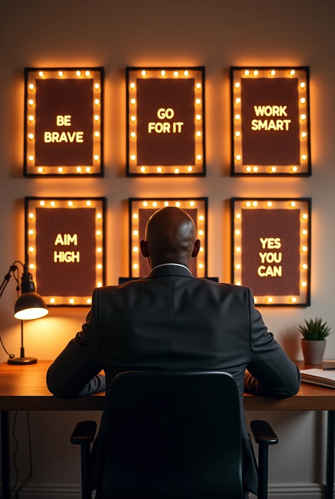 A striking image of a stylish home office, exuding both modern elegance and vintage charm.A bald black dark caramel skin man professionally dressed sit Above a sleek, minimalist desk,back view six bold picture frames hang, each containing a motivational message. The messages, which read "Be Brave," "Go for It," "Work Smart," "Aim High," "Yes You Can," and "Do It Now," are illuminated by marquee lights that encircle each frame. The warm, inviting lighting contrasts with the clean, minimalist design of the space, creating a harmonious blend of contemporary and vintage aesthetics. The motivational messages, displayed prominently on the wall, serve as constant reminders and sources of encouragement for personal growth and achievement.