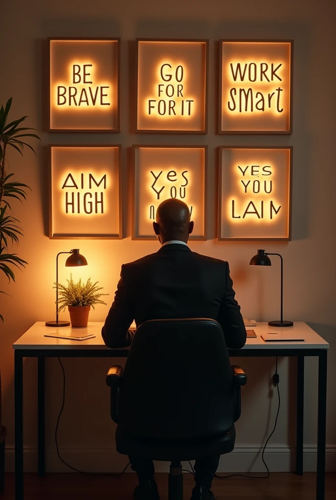 A striking image of a stylish home office, exuding both modern elegance and vintage charm.A bald black dark caramel skin man professionally dressed sit Above a sleek, minimalist desk,back view six bold picture frames hang, each containing a motivational message. The messages, which read "Be Brave," "Go for It," "Work Smart," "Aim High," "Yes You Can," and "Do It Now," are illuminated by marquee lights that encircle each frame. The warm, inviting lighting contrasts with the clean, minimalist design of the space, creating a harmonious blend of contemporary and vintage aesthetics. The motivational messages, displayed prominently on the wall, serve as constant reminders and sources of encouragement for personal growth and achievement.
