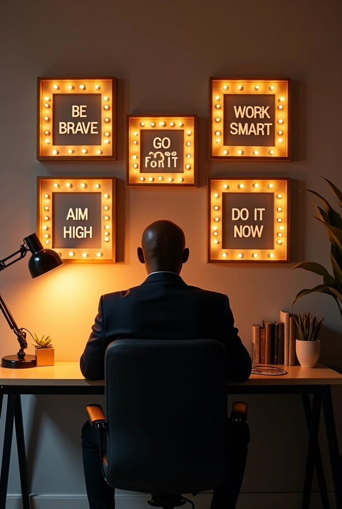 A striking image of a stylish home office, exuding both modern elegance and vintage charm.A bald black dark caramel skin man professionally dressed sit Above a sleek, minimalist desk,back view six bold picture frames hang, each containing a motivational message. The messages, which read "Be Brave," "Go for It," "Work Smart," "Aim High," "Yes You Can," and "Do It Now," are illuminated by marquee lights that encircle each frame. The warm, inviting lighting contrasts with the clean, minimalist design of the space, creating a harmonious blend of contemporary and vintage aesthetics. The motivational messages, displayed prominently on the wall, serve as constant reminders and sources of encouragement for personal growth and achievement.