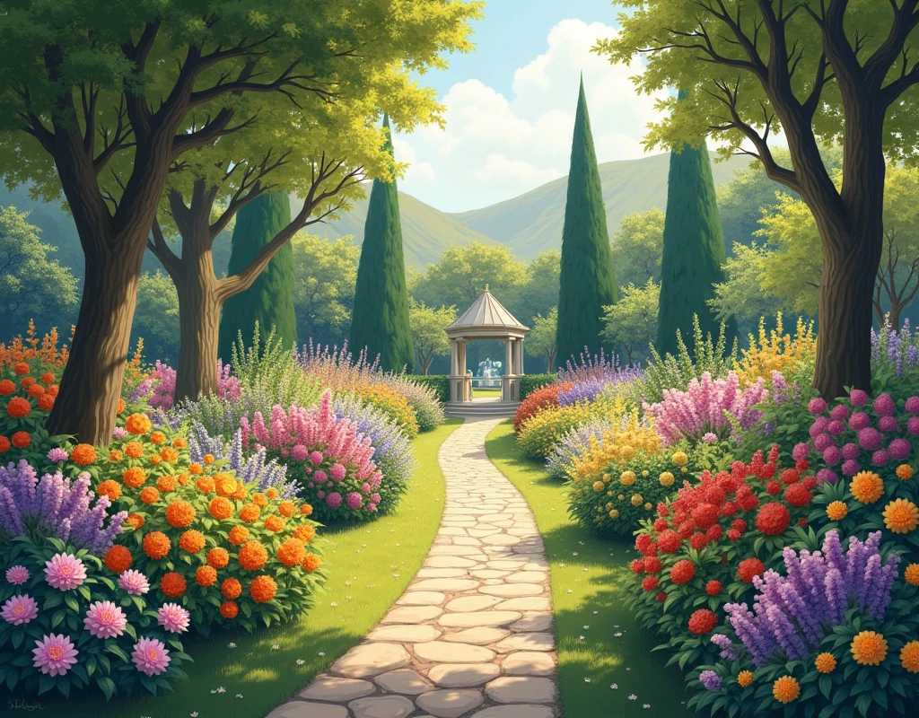 "An exquisite garden rendered in the style of a classic painting, with rich, vibrant colors and soft, painterly brushstrokes. The garden is filled with a variety of blooming flowers in a harmonious palette, surrounded by lush greenery and elegantly shaped trees. A winding stone path leads through the garden, inviting the viewer to explore its beauty. In the background, a charming gazebo or fountain adds a focal point to the scene. The sky above is a delicate blend of soft blues and pinks, with the light filtering through the trees, casting gentle shadows and creating a peaceful, serene atmosphere."