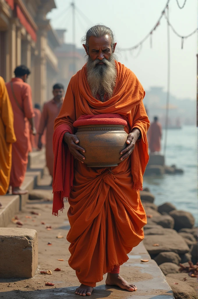 At varanasi ganga ghat ,Hindu pandit in gaura cloth doing asthi visarjan with mitti ka asthi medium size matka  cover with red kalpda 