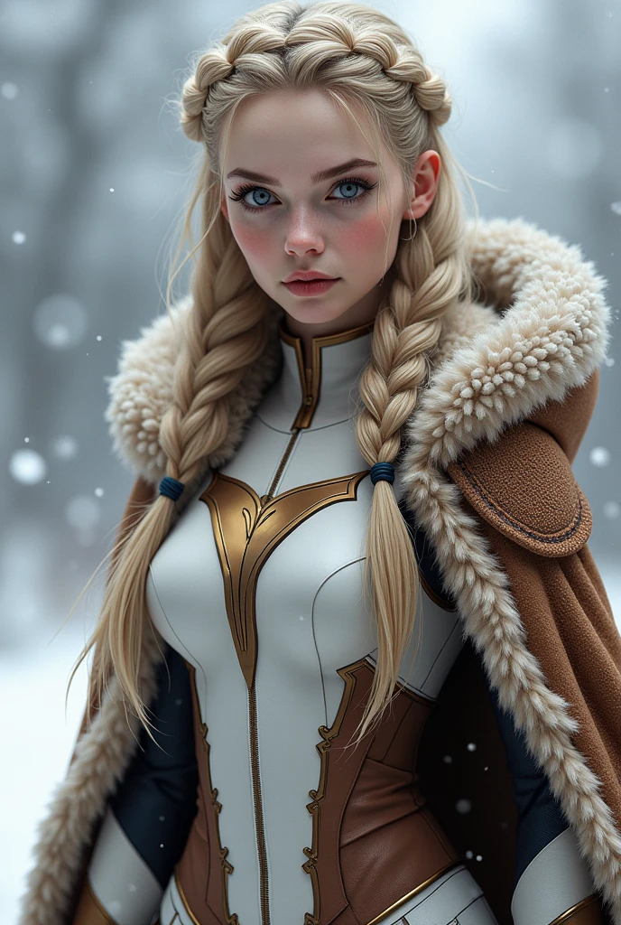 Make Anya Taylor a young woman with a very thin face and large blue eyes and long blonde hair braided in a white and brown winter-style superhero costume and a brown plush coat. , Make a long and thin face. 