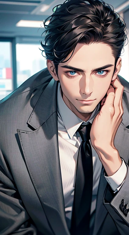 (best quality,4k,8k,highres,masterpiece:1.2),ultra-detailed,(realistic,photorealistic,photo-realistic:1.37),1 man,31 years old,mature man,very handsome,without expression,smile,short grey black hair,blue eyes,penetrating gaze,perfect face without errors,imposing posture,businessman,office background,cinematic lighting,hdr image