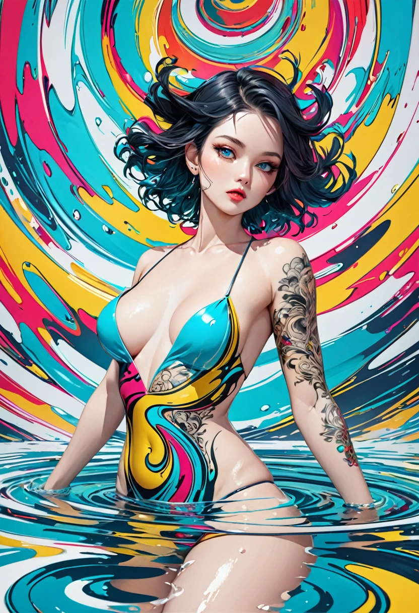 conceptual installation pop art, cute woman floating on the water, marble colored swirling water, attractive and seductive face, covered in tattoos, superlative body proportion, (ultra detailed, absolutely resolution, best quality:1.3), 2.5D, delicate and dynamic, artistic, hyper, graphic CG digital pop art