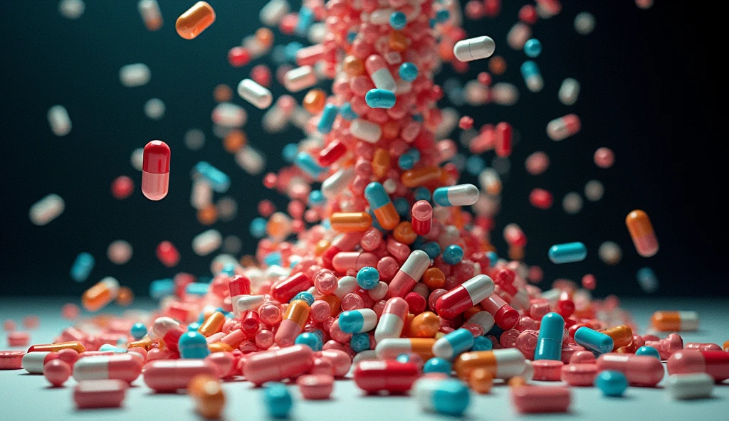 Piles of capsules and tablets in various colors are stacked below.,Capsules are constantly falling from above