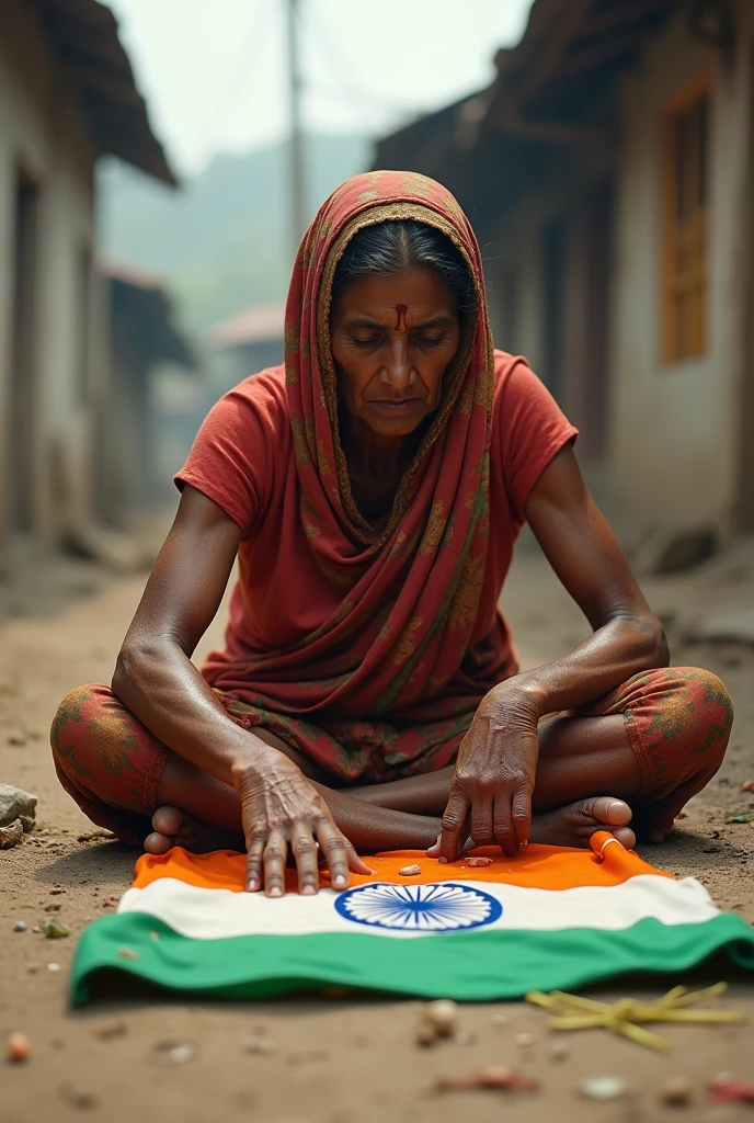 A poor woman making the Indian Flag on the ground