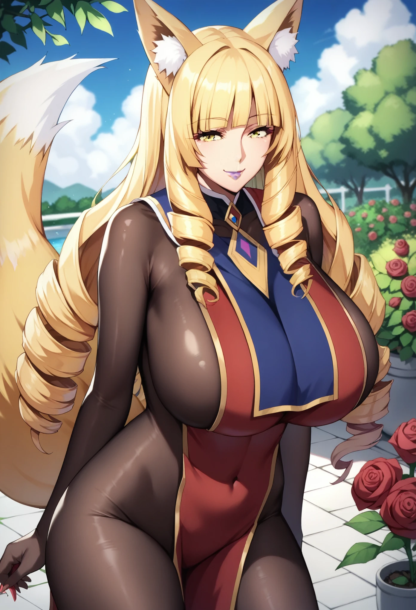 masterpiece, score_9, score_8_up, score_7_up, source_anime, best quality, extremely detailed, 1girl, milf, solo, rose oriana, (huge breasts), ((((blonde hair), long hair, drill hair, yellow eyes, fox ears, yellow fox tail))), purple lips, (((bodystocking, tabard))), ((naughty smile), closed mouth), ((garden))