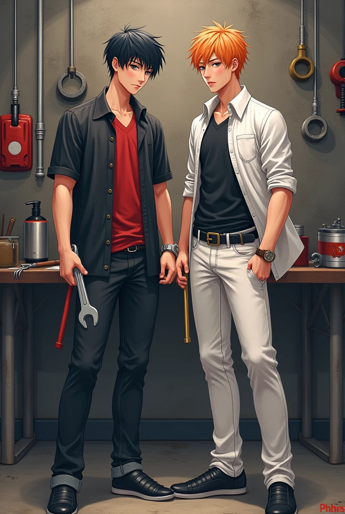 A young Japanese man, 21 years old, with short black hair, wearing a black short-sleeved shirt, a red long-sleeved shirt, long jeans, black shoes, holding a silver wrench, and a Japanese man, 21 years old, with short orange hair, wearing a white short-sleeved shirt, a black long-sleeved shirt, white long pants, black shoes, holding a gold wrench.