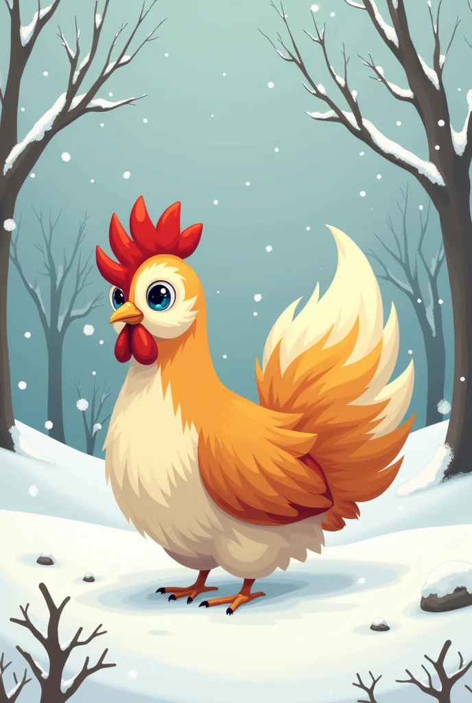 I need a SIMPLE drawing without more details than what I asked for,a chicken that is also a fox,snow white and a half parakeet half ice