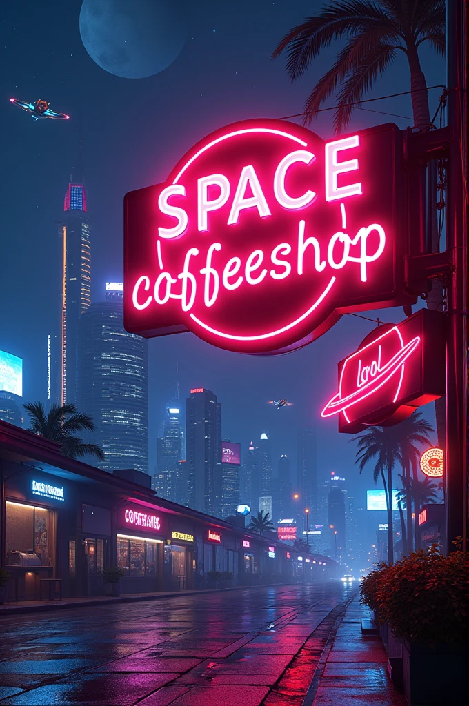 Has un letrero Neon City Retrowave con un Saturno con luces neón que diga: Space coffeeshop.