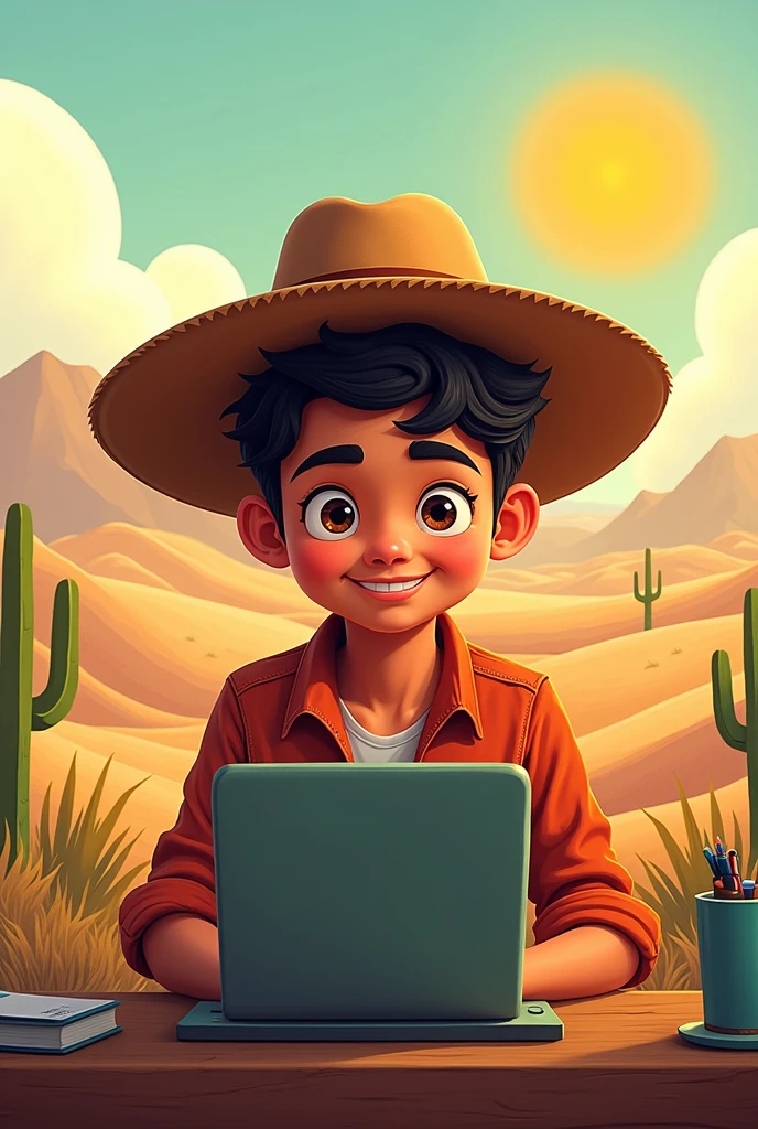 Create a cartoon character of a young person with the characteristics of a citizen of Ceará.. He wears a cangaceiro hat and is in the middle of the sertão programming on his computer
