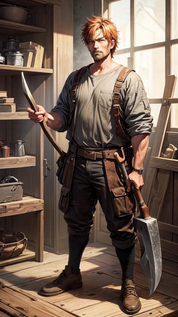 Make a image of a carpenter with a old rusty axe 
Please animate pic