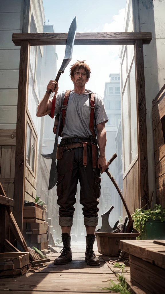 Make a image of a carpenter with a old rusty axe 
Please animate pic