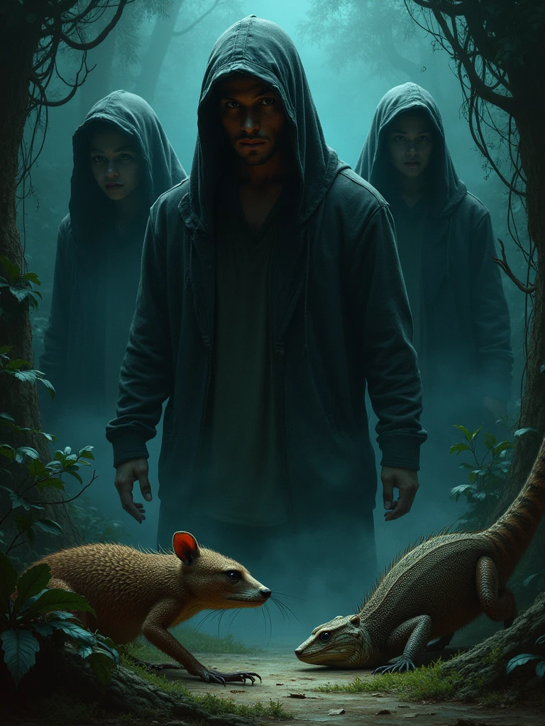 couverture d’un livre qui propose des ensembles de nouvelles horrifiques sur les mythes et légendes antillaises avec des etres humaines et cacher sur l’image dans l’ombre des animaux comme un scolopendre une mangouste un raccon un iguane un maboya un crabe