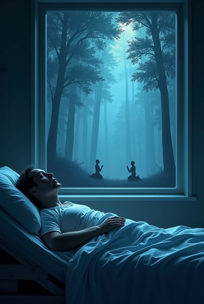 Dream-like images of a 47-year-old man, very ill and in a coma due to COVID-19, and he is in intensive care. He is lying in bed looking at a window that separates the forest. It's night and there are stars, in the forest there are silhouettes of humans like holograms and they are kneeling praying and looking at the night sky from left to right